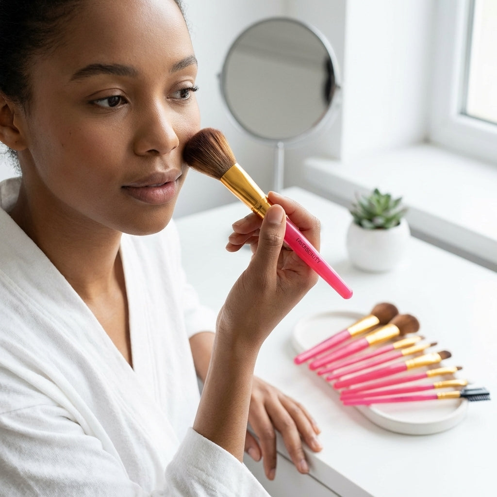 A woman applying blusher with a pink-handled brush from the set