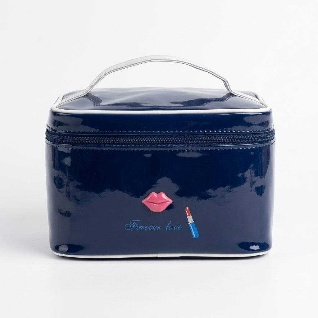 Glossy navy toiletry bag with a handle and a red lips motif