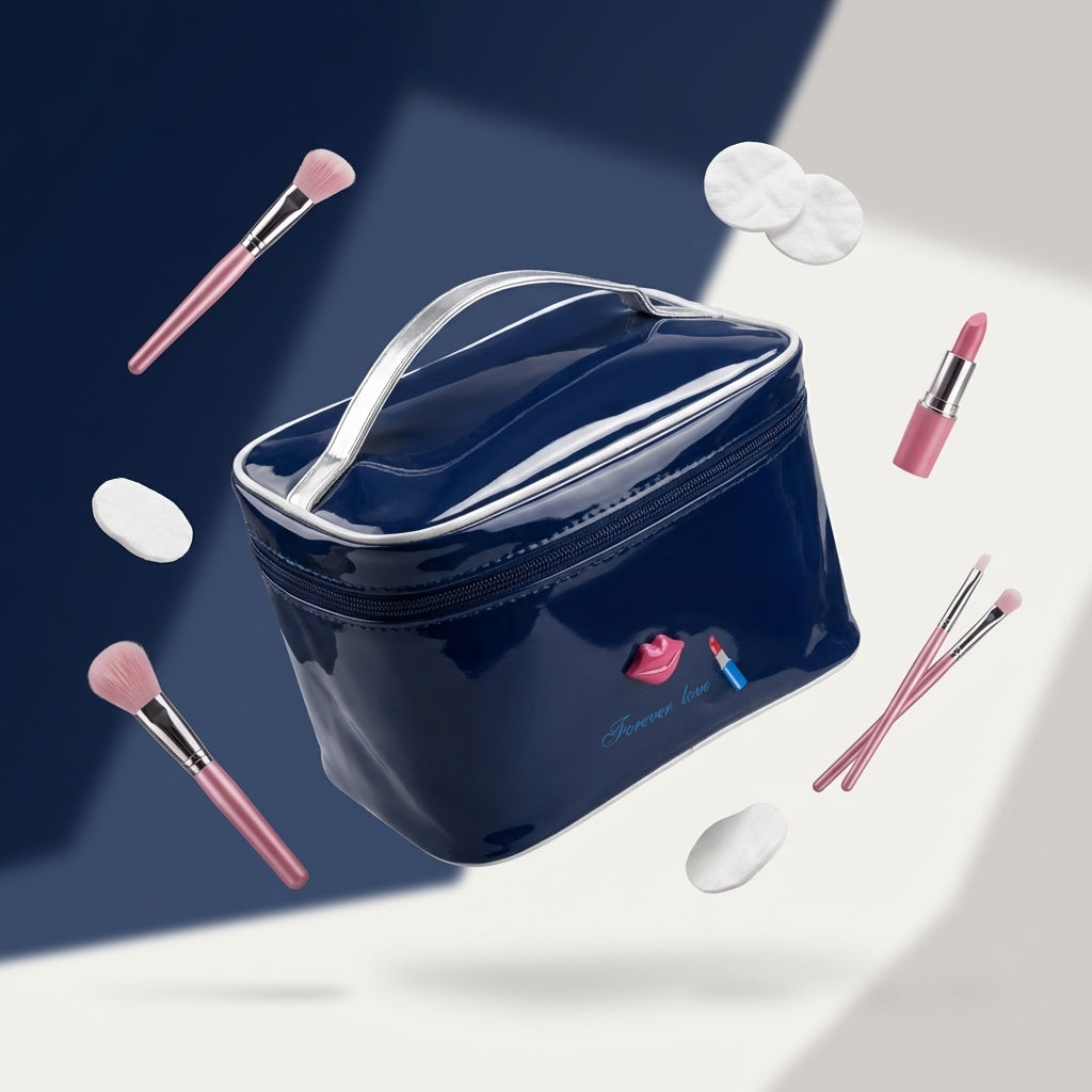 The navy toiletry bag with makeup brushes and cotton pads around it