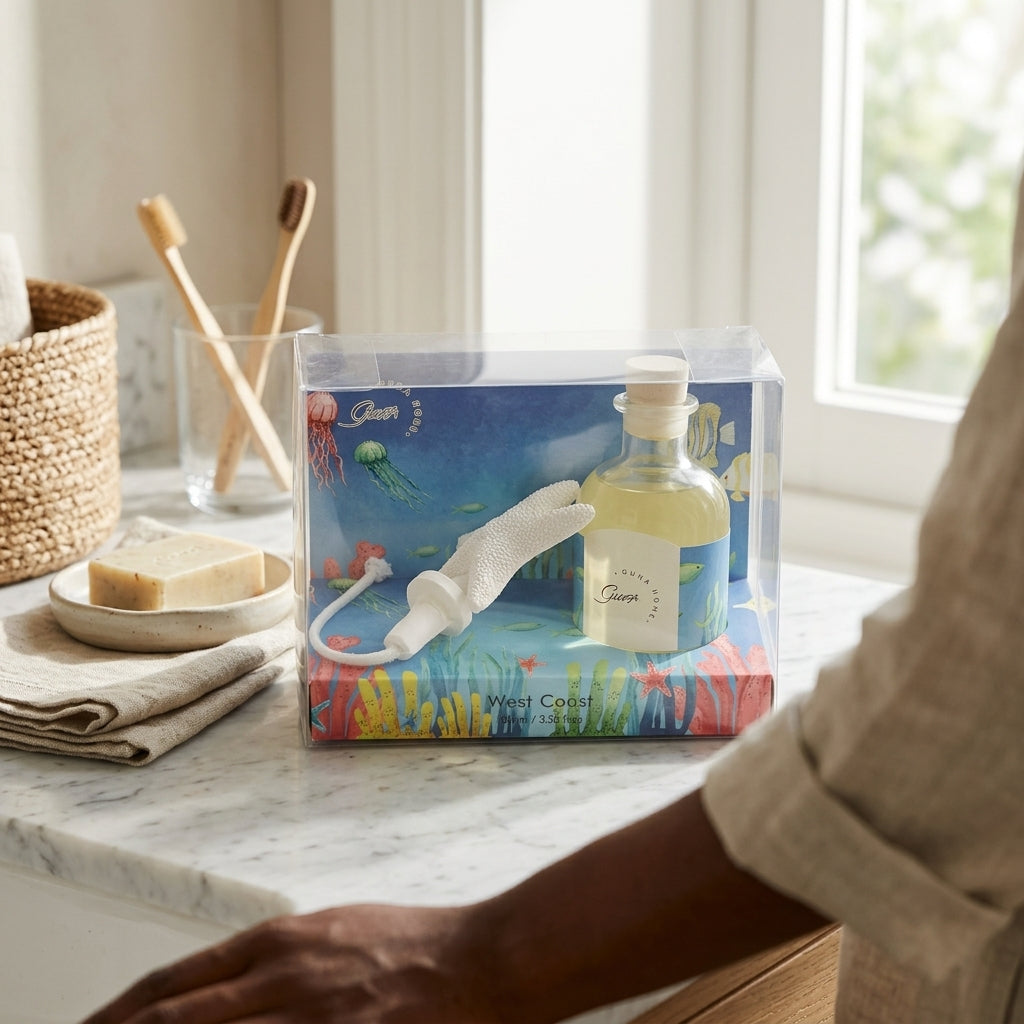 The reed diffuser box on a bathroom counter