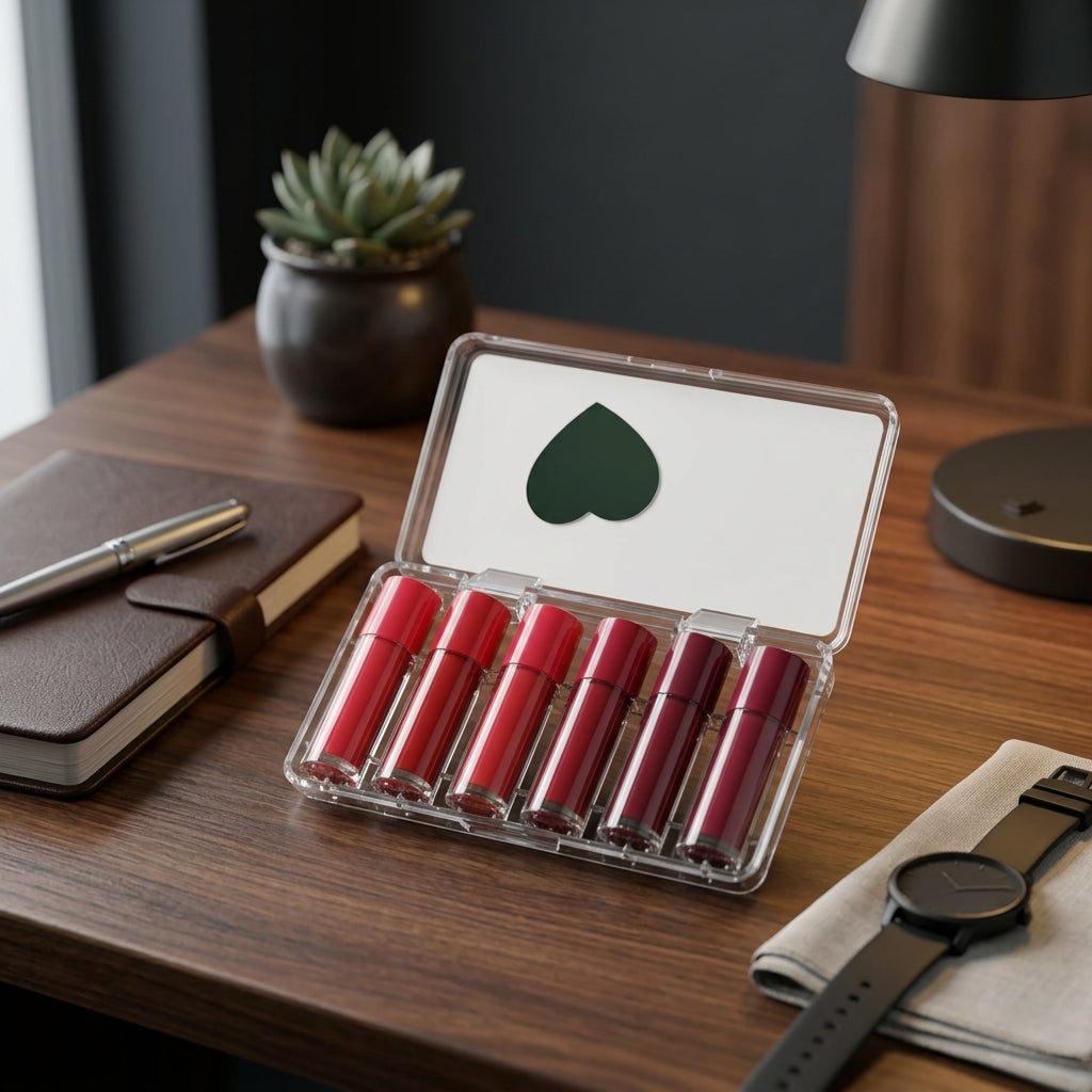 The lip gloss set open on a desk