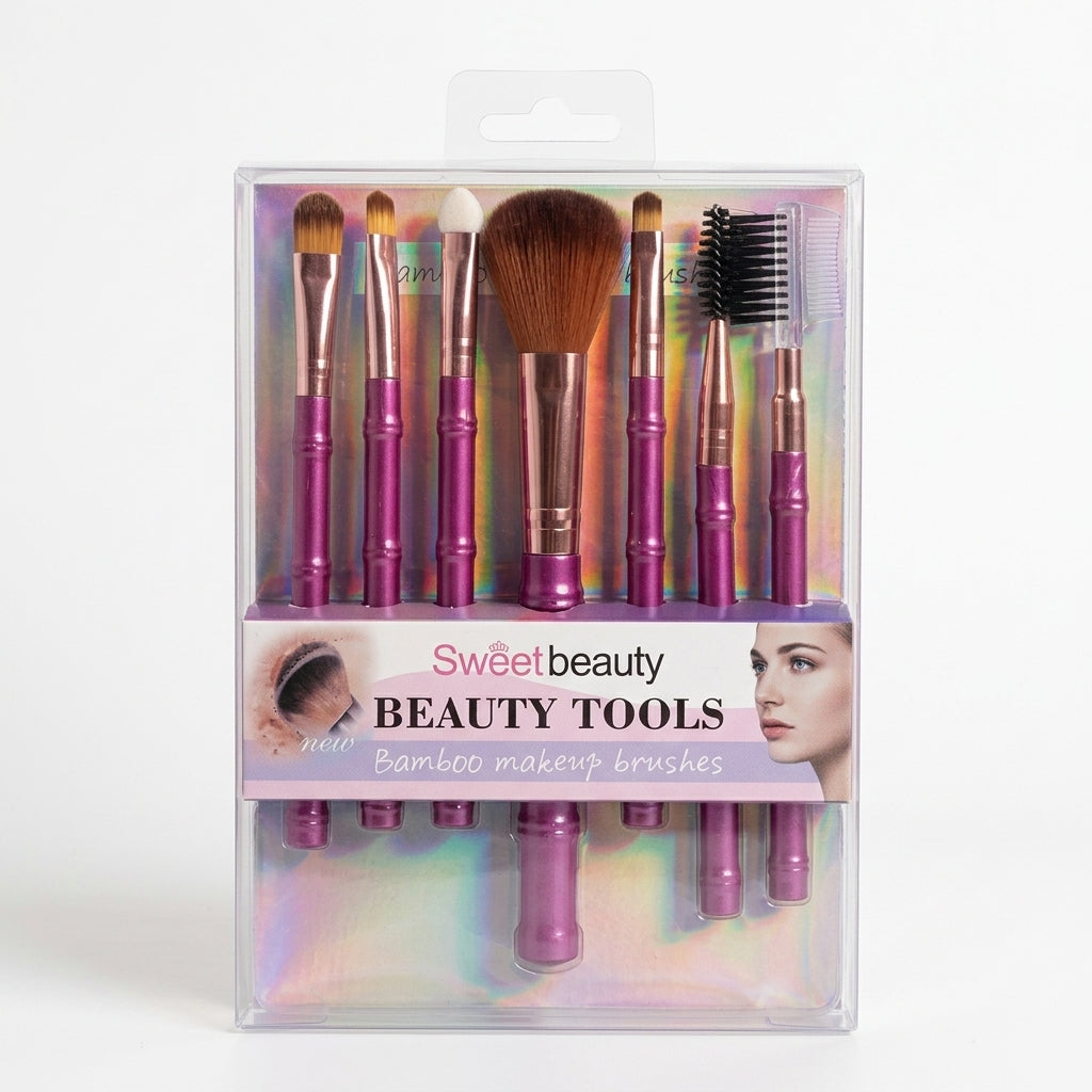 Seven makeup brushes with purple bamboo-style handles in a clear pack