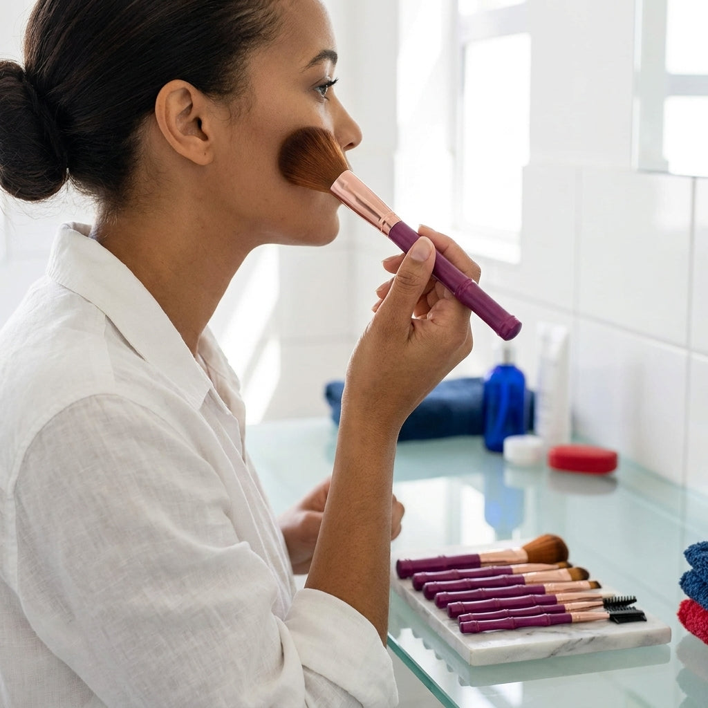 A woman applying powder with the large brush from the set