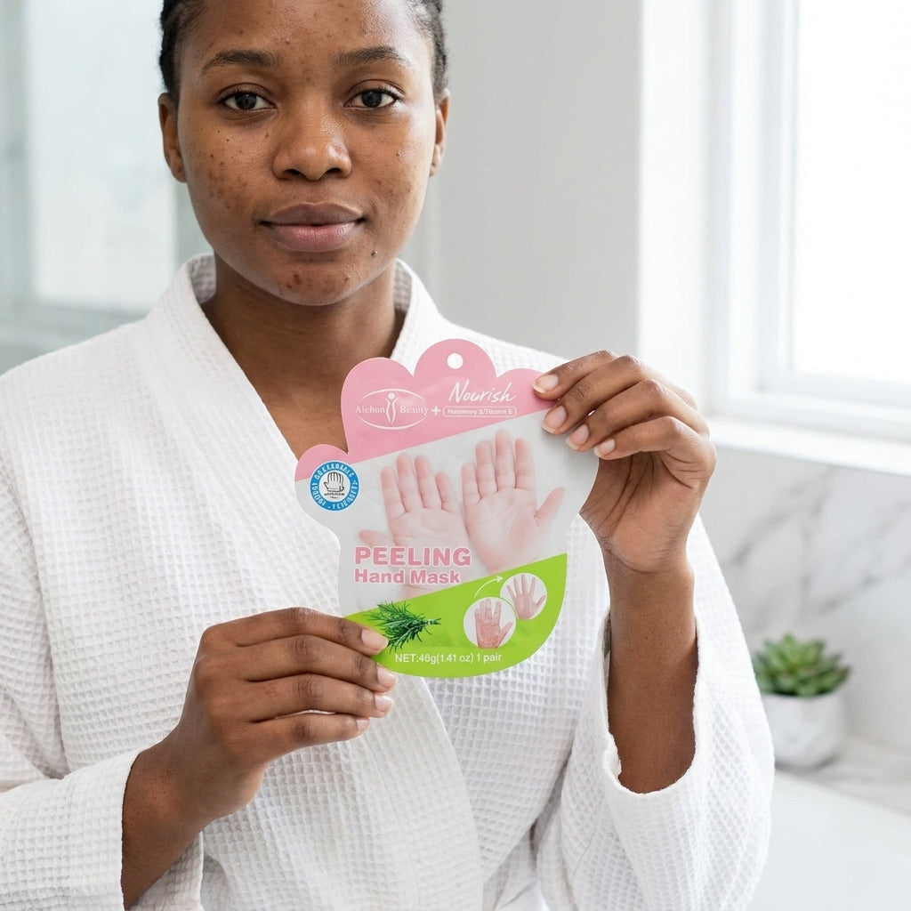 A woman in a bathrobe holding the peeling hand mask pack