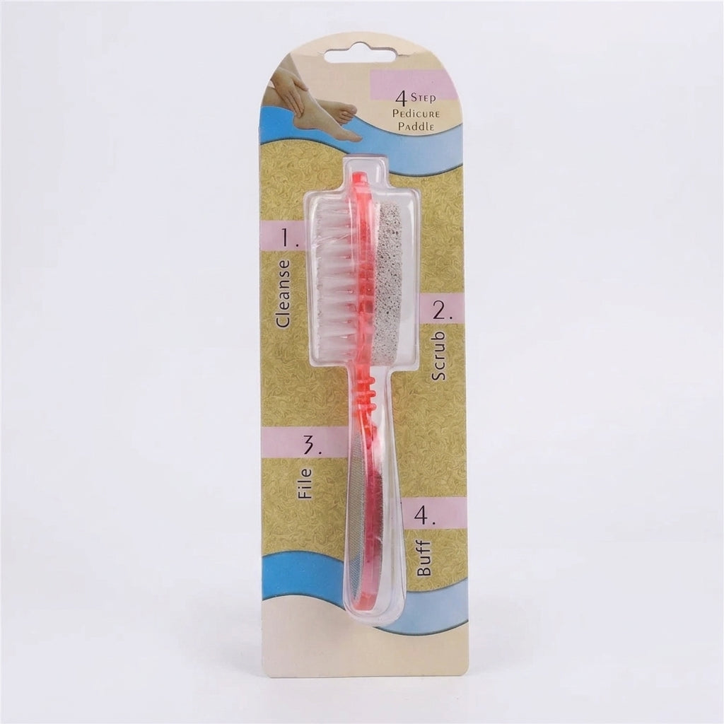 Four-step pedicure paddle in its pack, marked cleanse, scrub, file and buff
