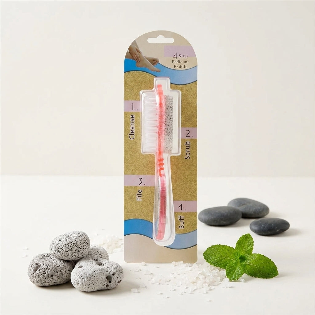 The pedicure paddle in its pack beside pumice stones