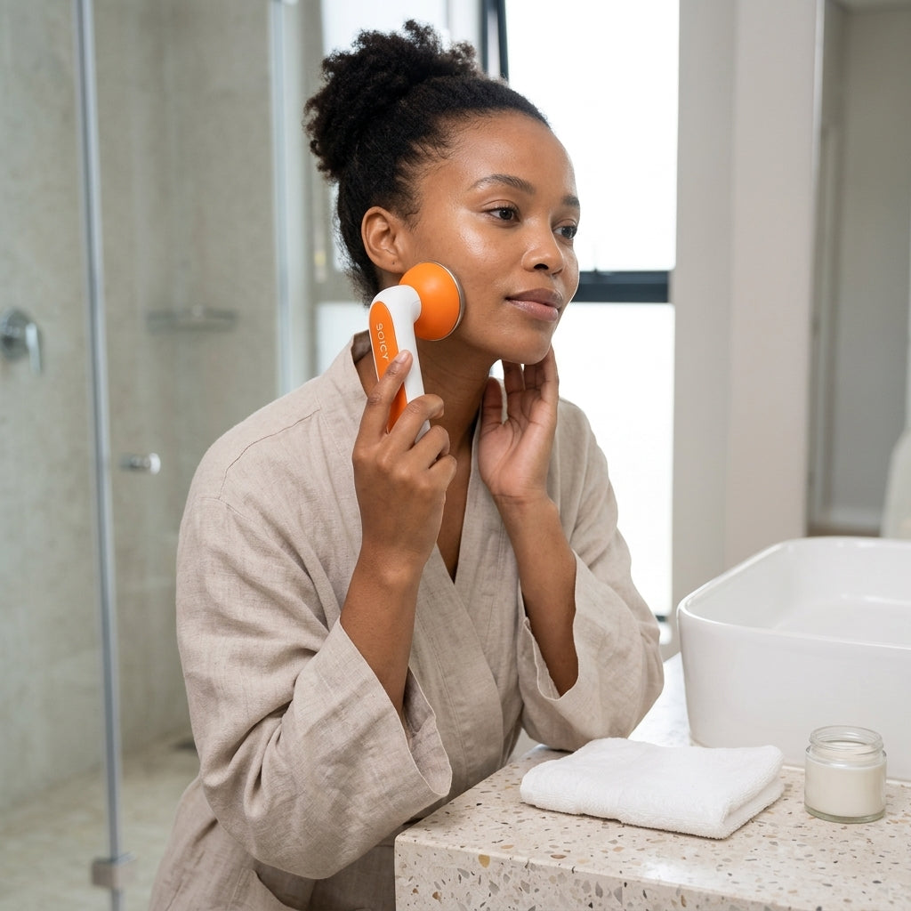 A woman using the cooling ice roller on her cheek