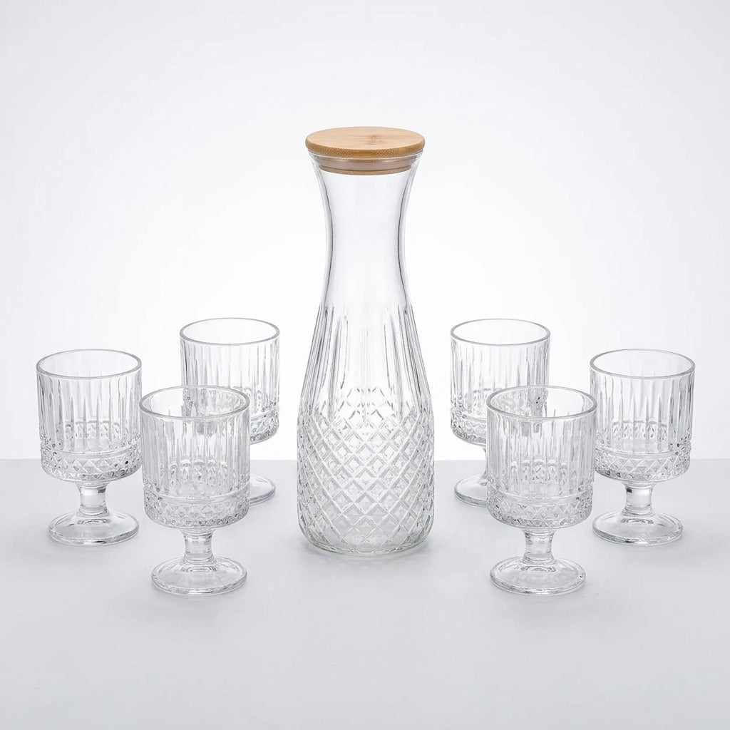 Cut Glass Carafe and Six Glasses