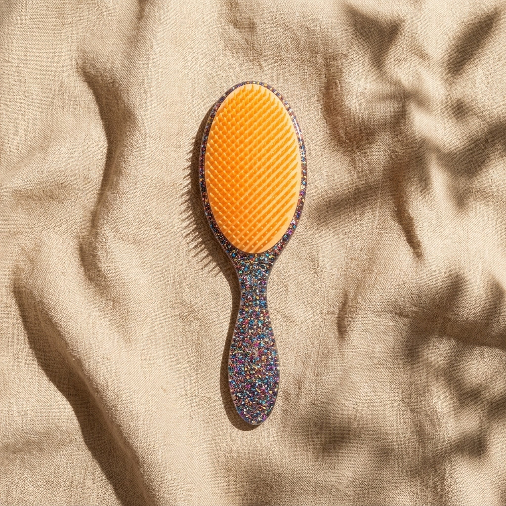 The orange cushion hair brush lying on linen