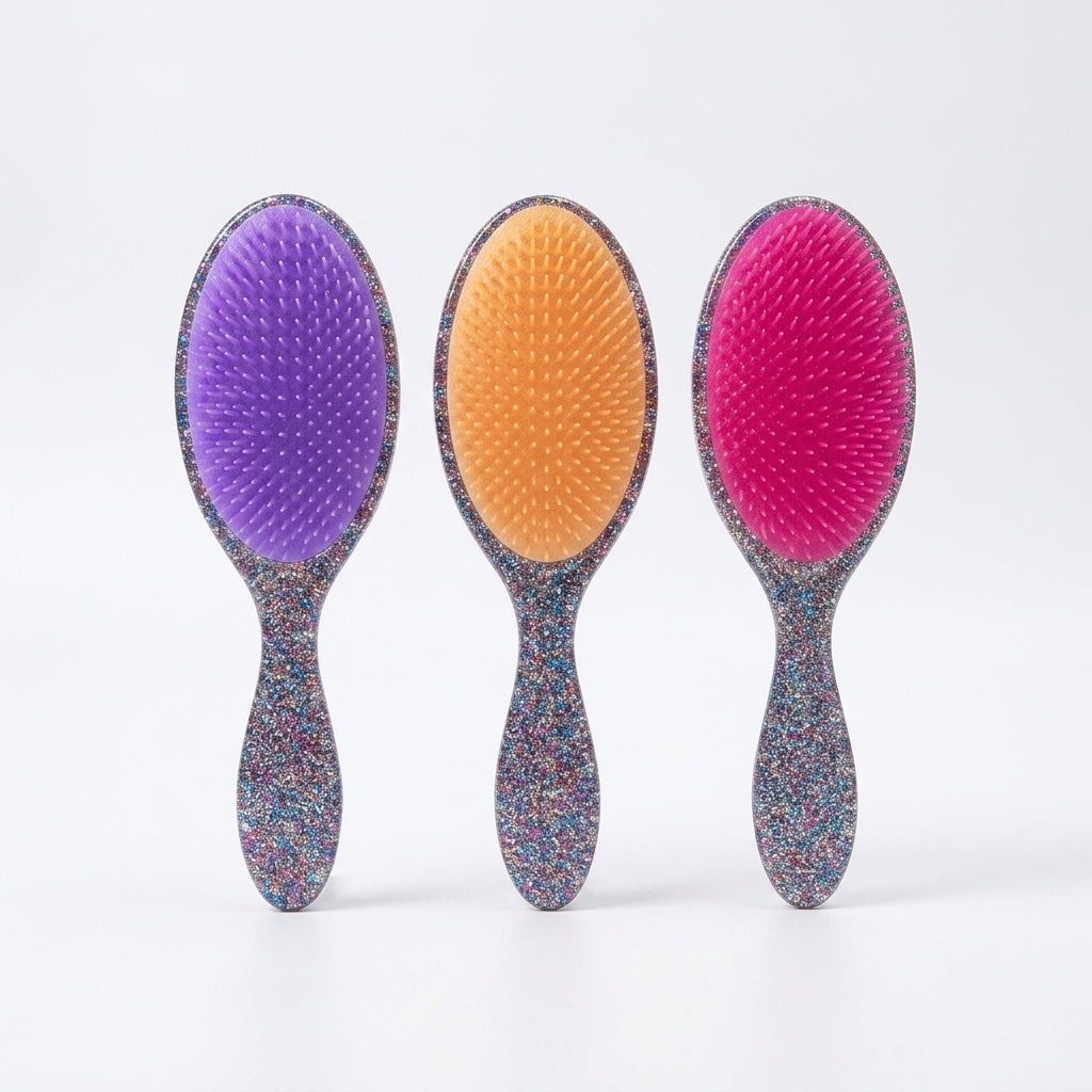 Three oval cushion hair brushes with glitter handles, in purple, orange and pink