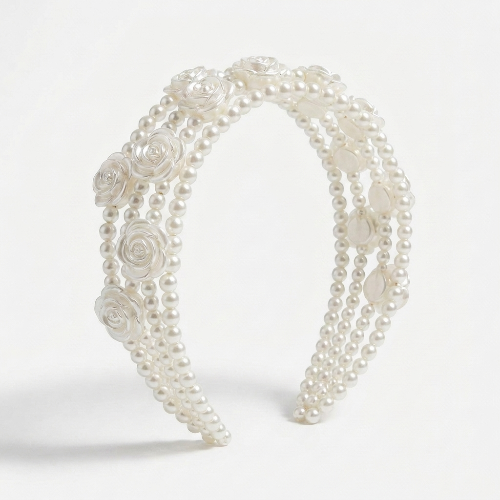 Layered headband with pearls and pearl roses