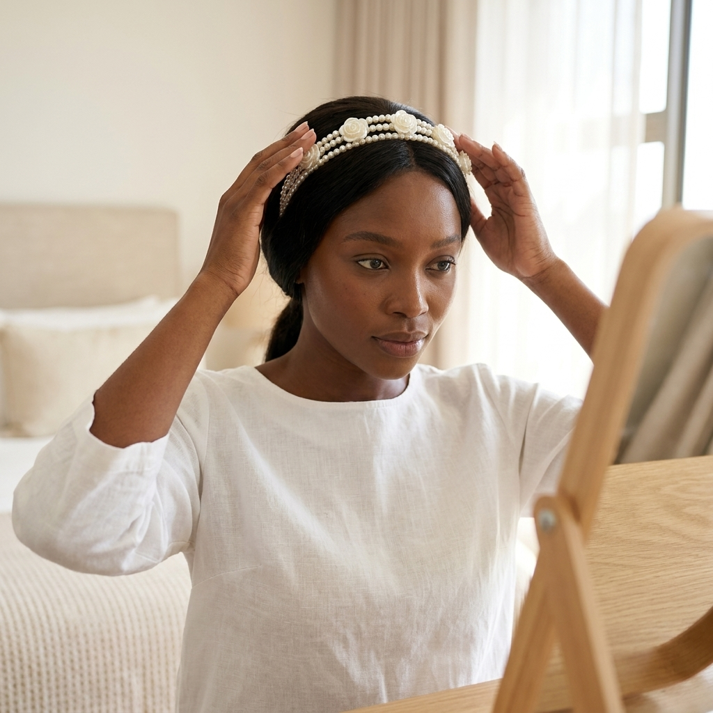 A woman fitting the pearl headband in front of a mirror