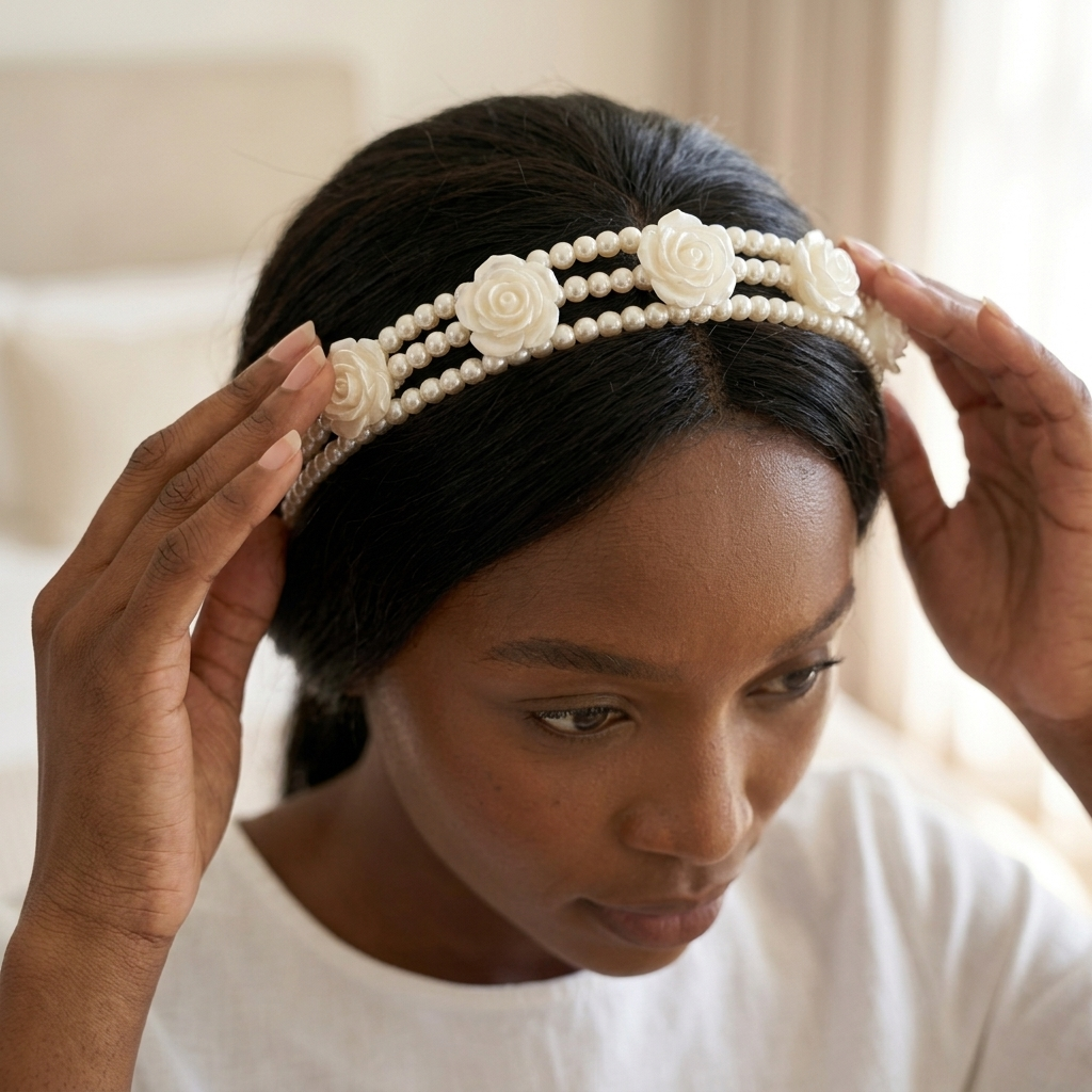 A woman putting on the pearl and rose headband