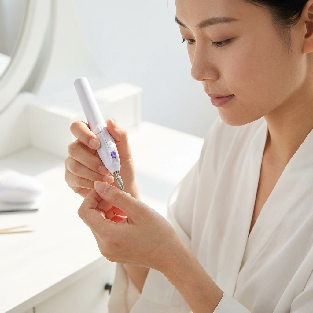A woman shaping her nails with the electric manicure pen