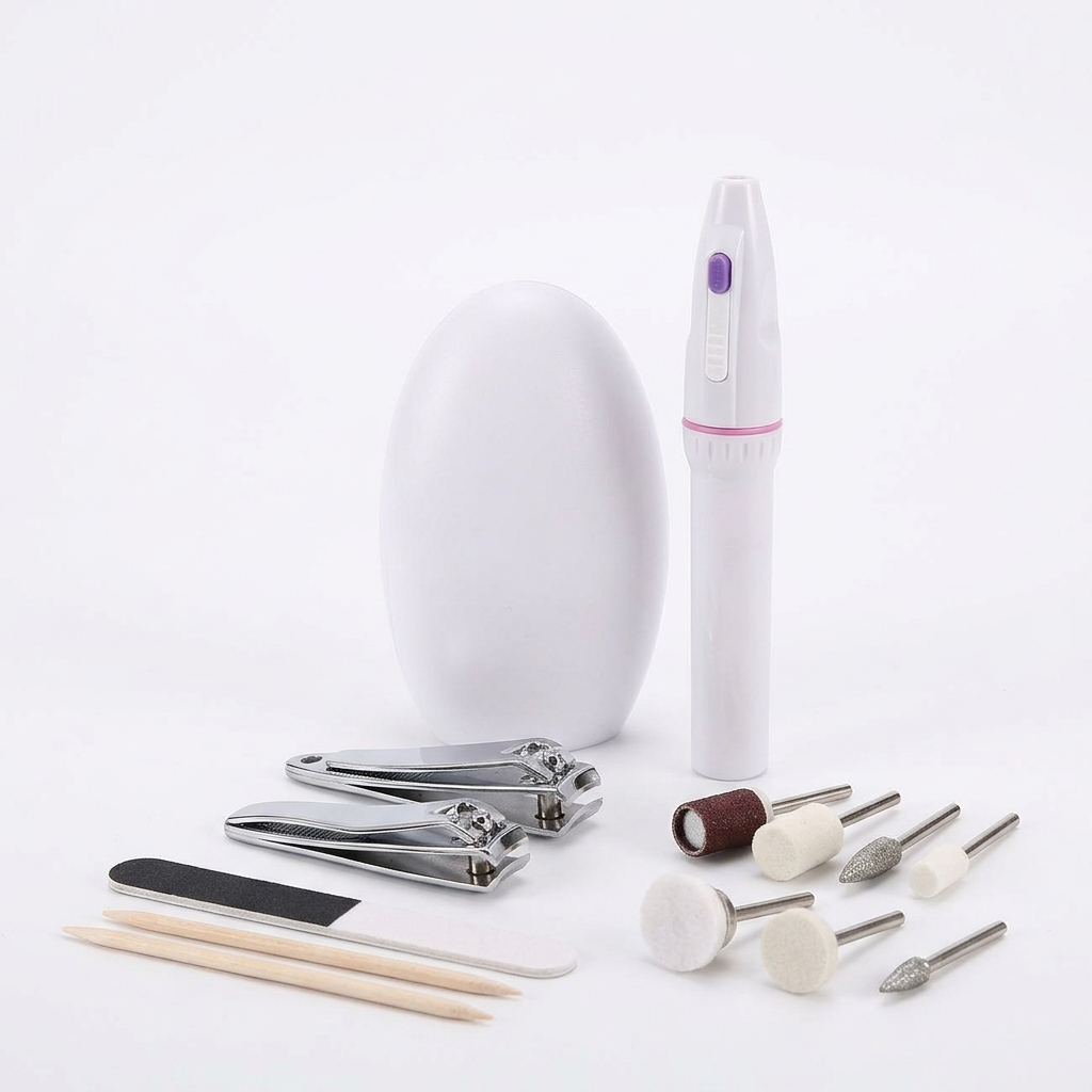 White electric manicure and pedicure pen with its attachments, clippers and files