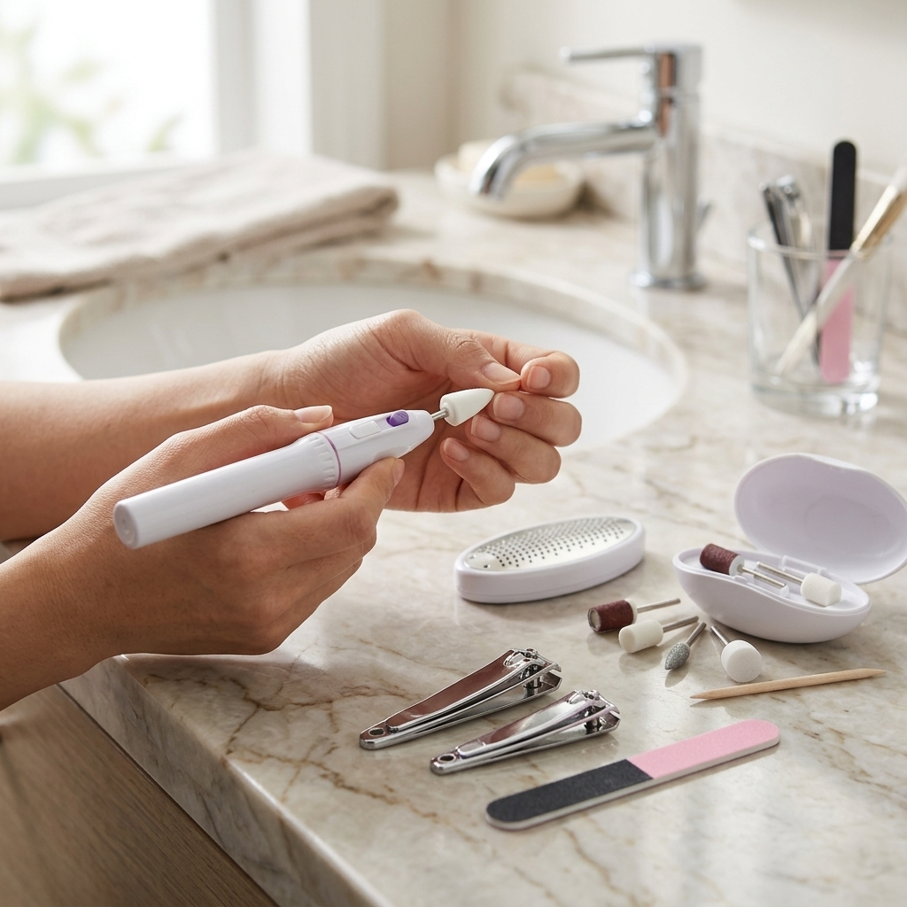 Hands using the electric manicure pen at a bathroom basin, with the set laid out