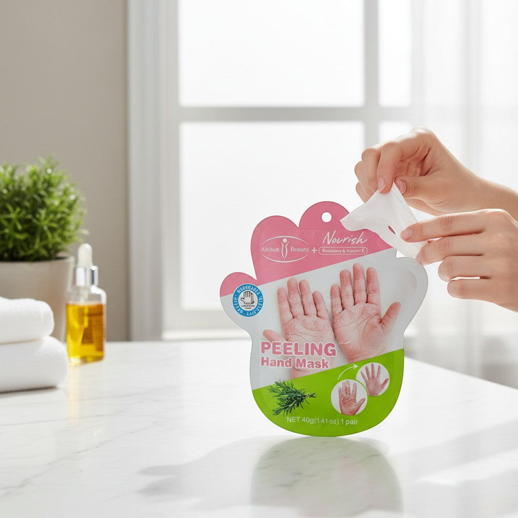 A hand opening the peeling hand mask pack