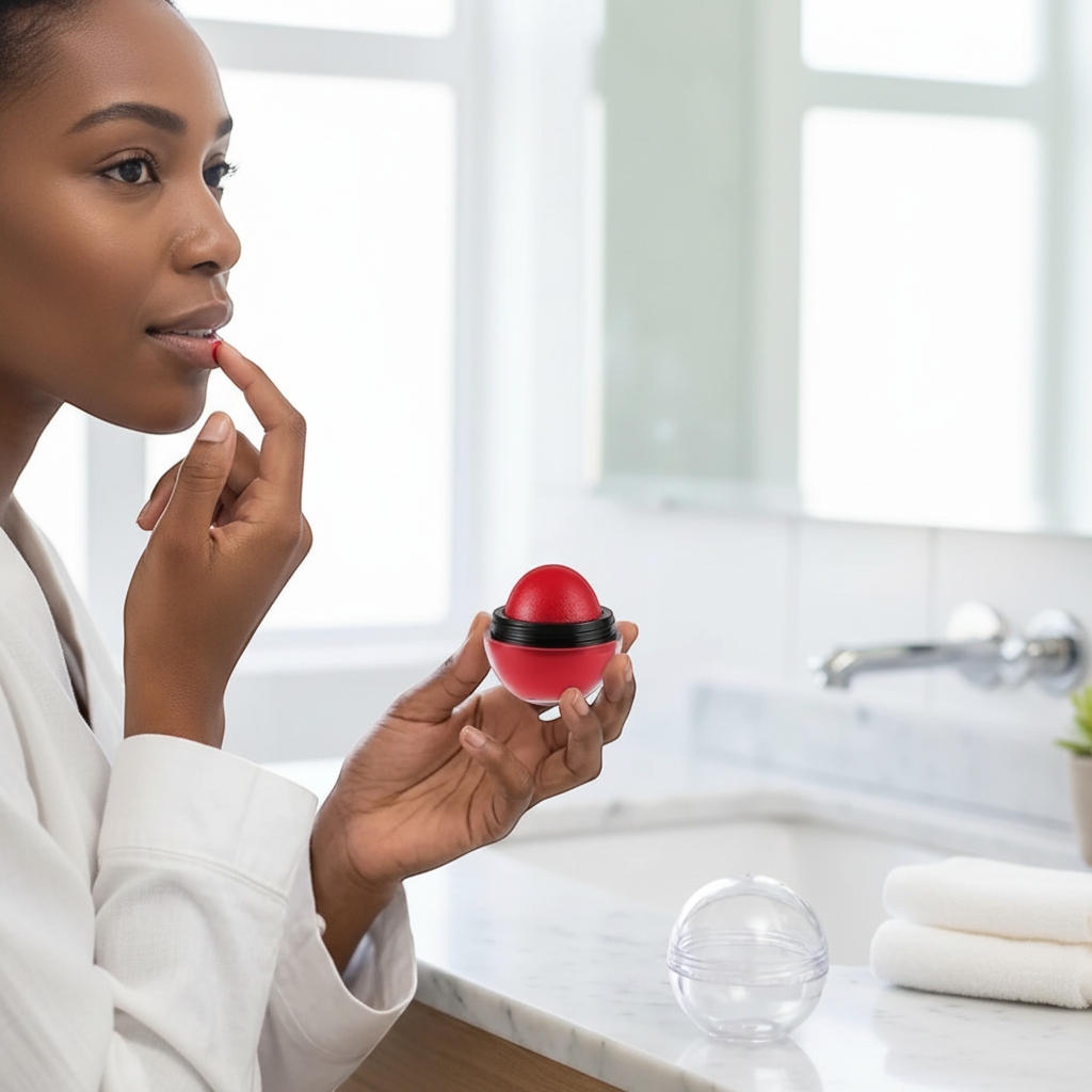 A woman putting the mousse balm on her lips