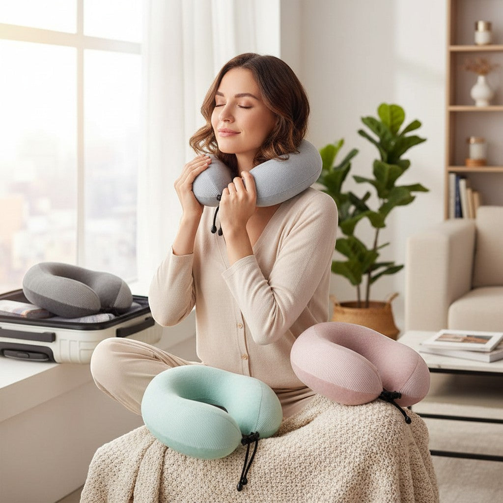 A woman resting her head on the soft travel neck pillow