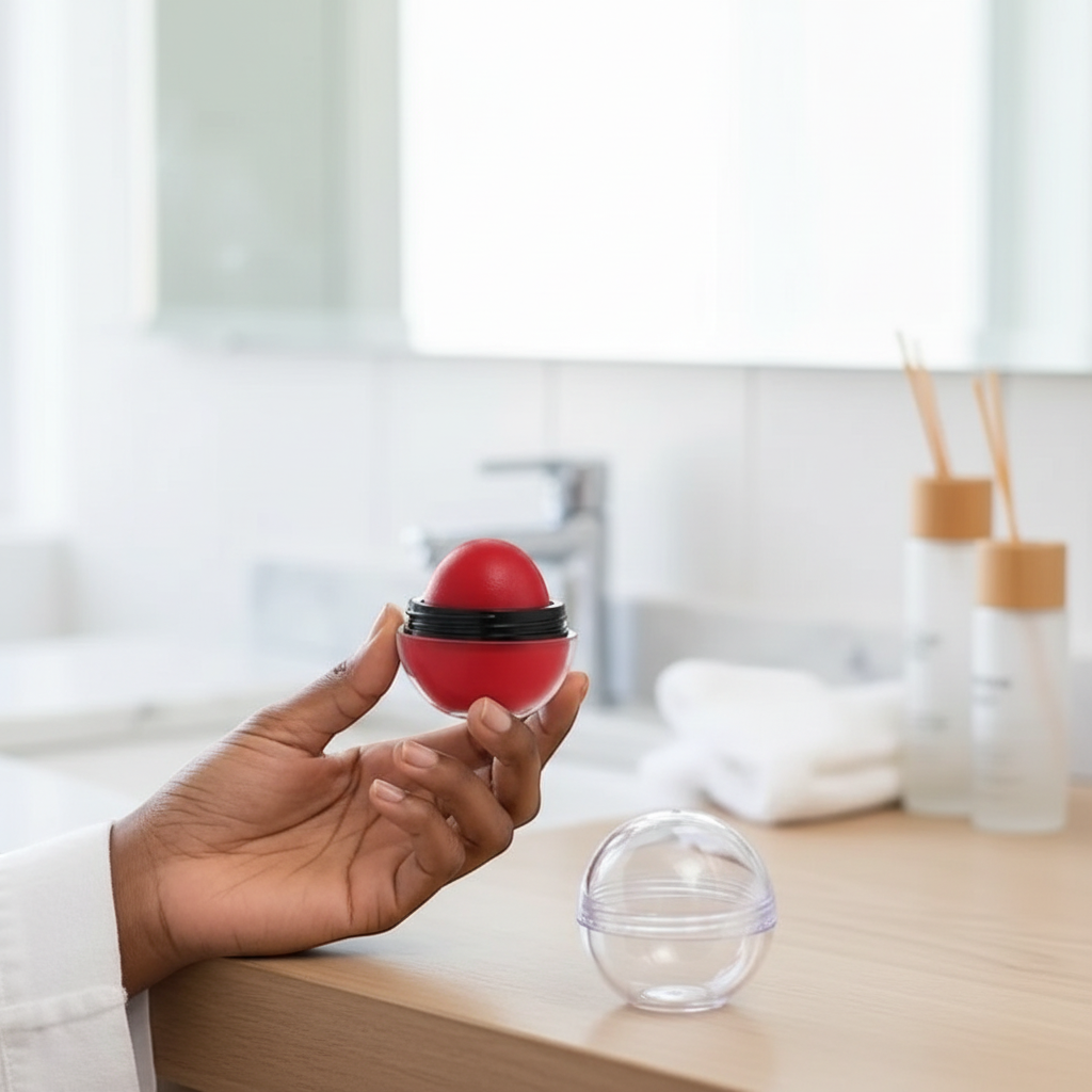 A hand holding an open mousse ball, with a clear empty case beside it