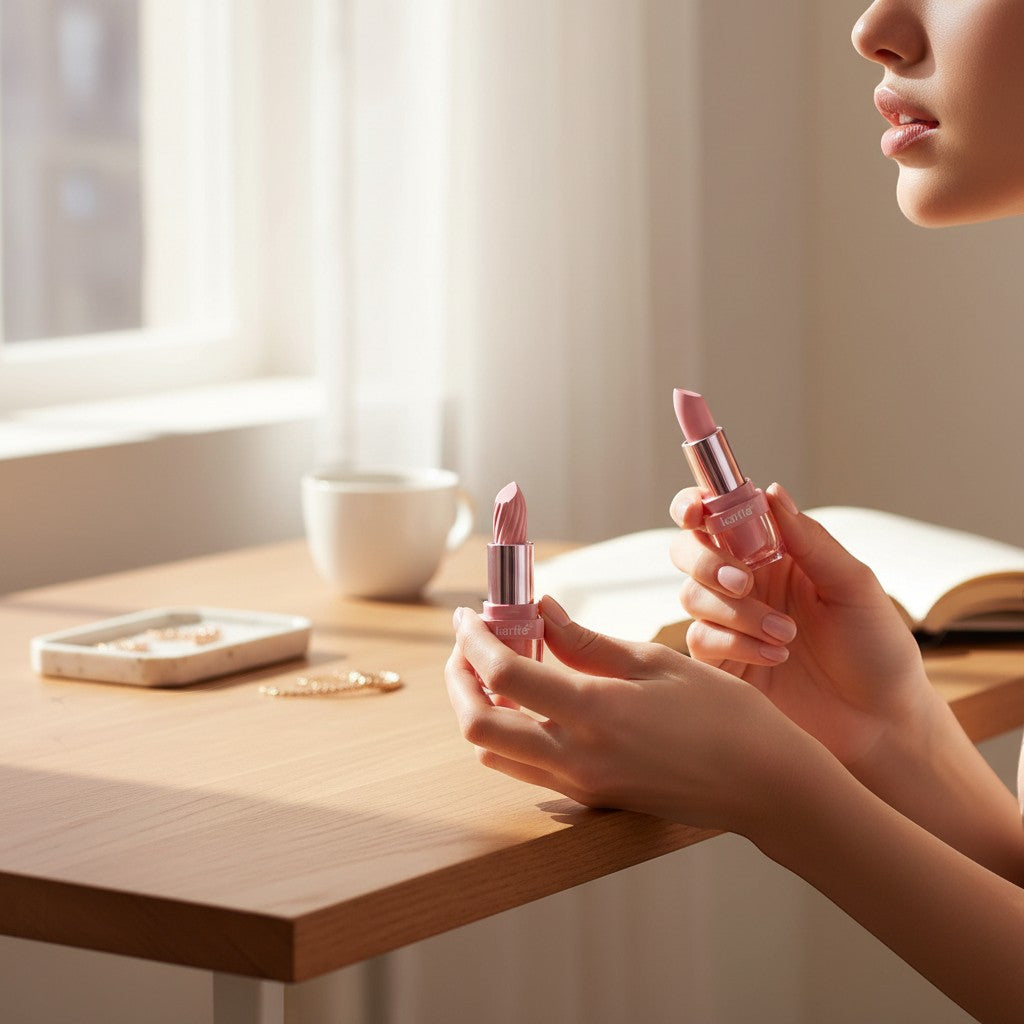 Hands holding the pink lip oil at a table