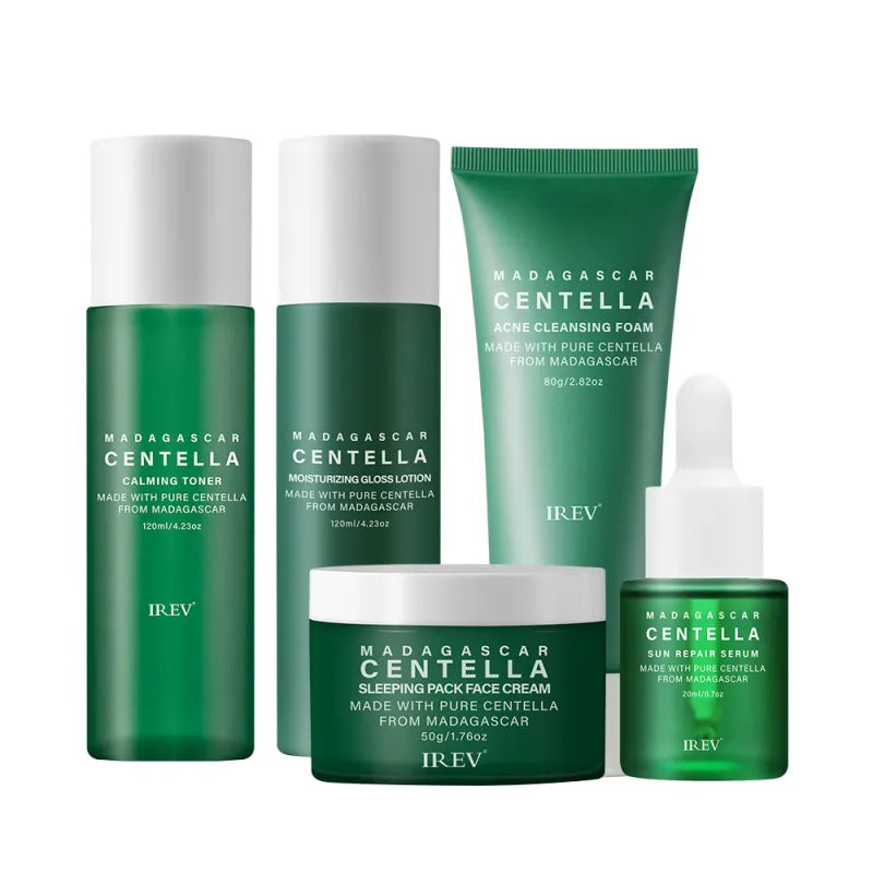The five pieces of the Centella set standing together: calming toner, moisturising gloss lotion, acne cleansing foam, sleeping pack face cream and sun repair serum.