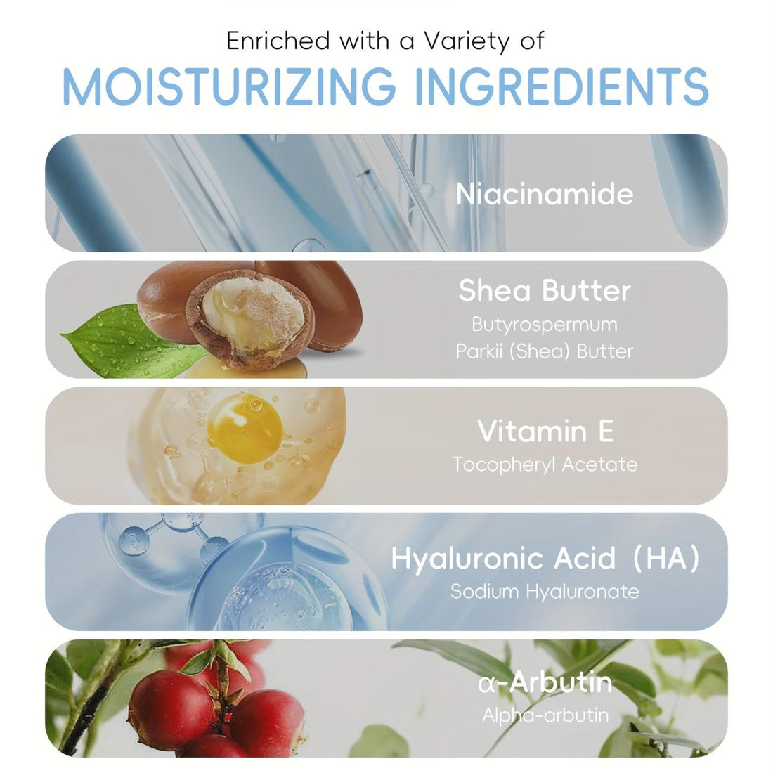 The manufacturer's ingredient panel: niacinamide, shea butter, vitamin E, hyaluronic acid and alpha-arbutin, presented as moisturising ingredients.