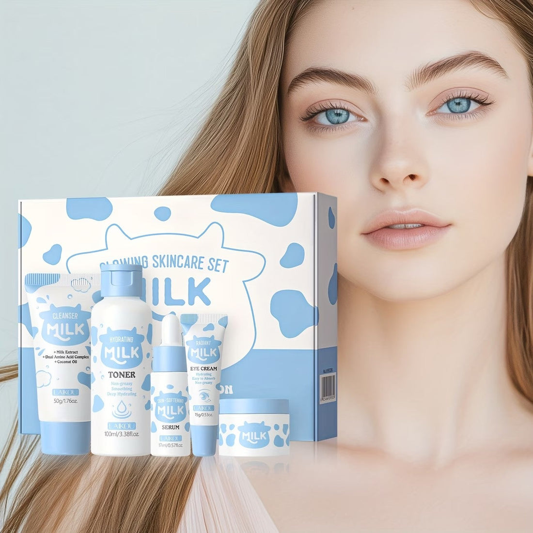 The Milk five-piece set beside its box, in the manufacturer's own campaign photograph.