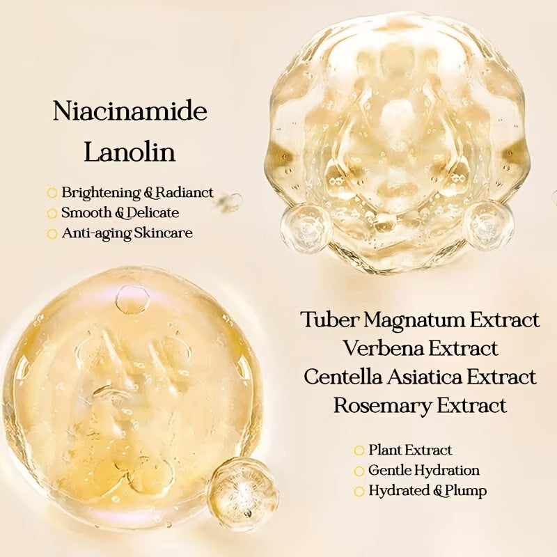 The manufacturer's ingredient panel: niacinamide and lanolin, with tuber magnatum, verbena, centella asiatica and rosemary extracts.