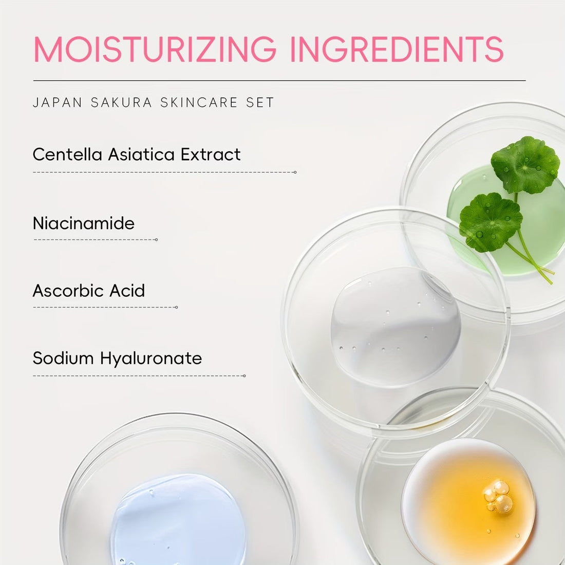 The manufacturer's ingredient panel for the set: centella asiatica extract, niacinamide, ascorbic acid and sodium hyaluronate.