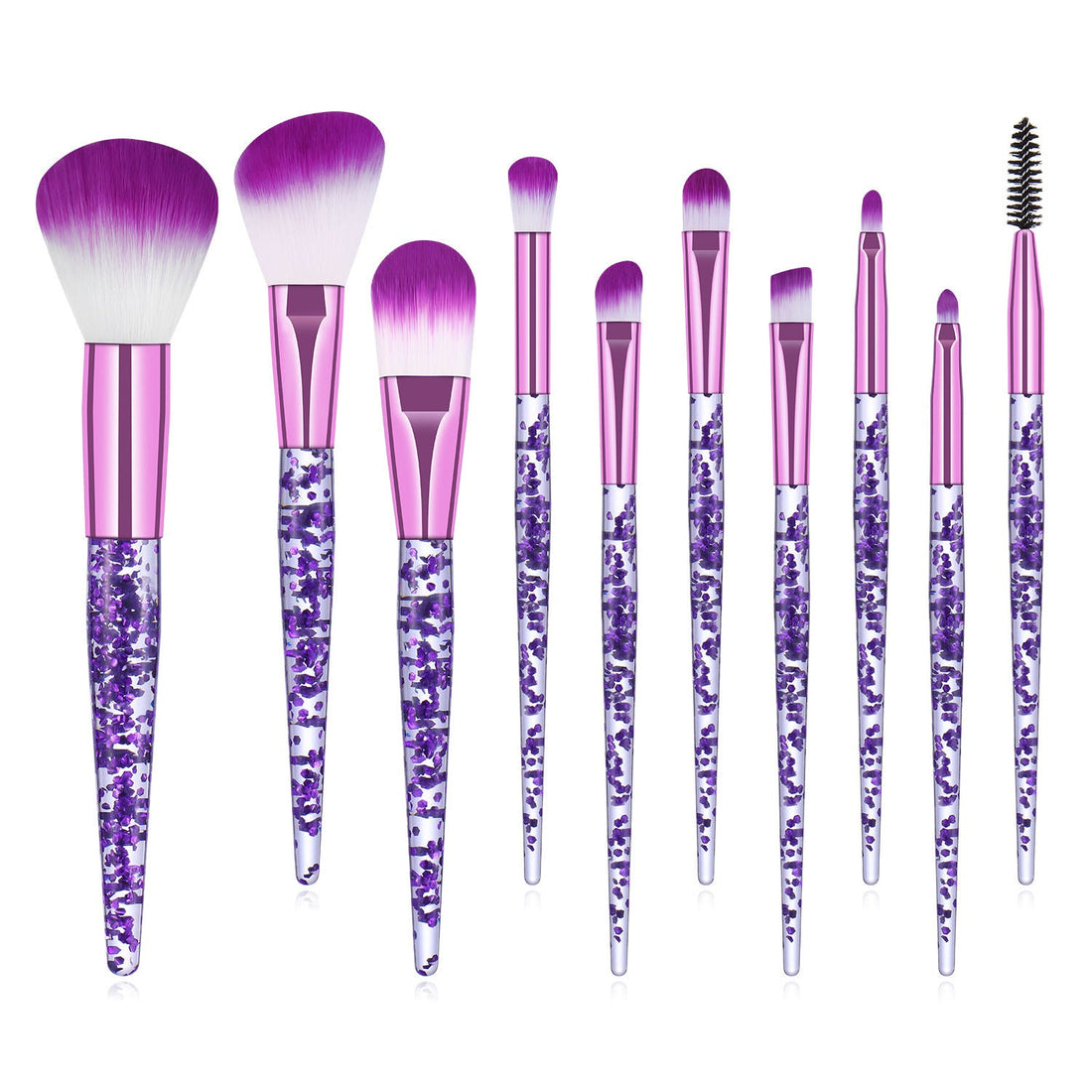Ten purple makeup brushes with glitter-filled clear handles