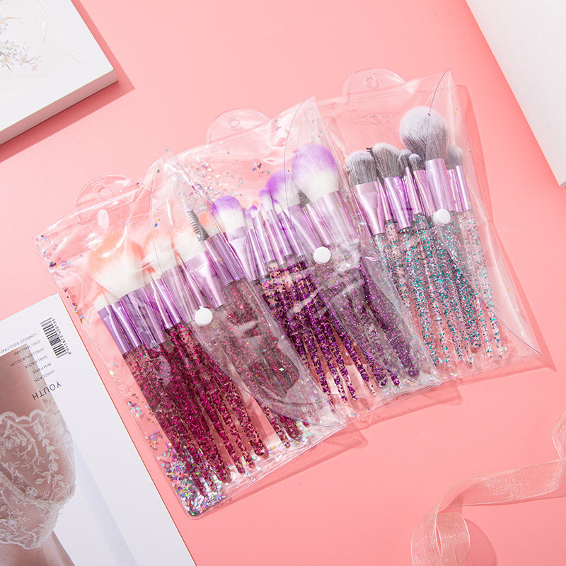 The glitter makeup brush set in its clear pouch