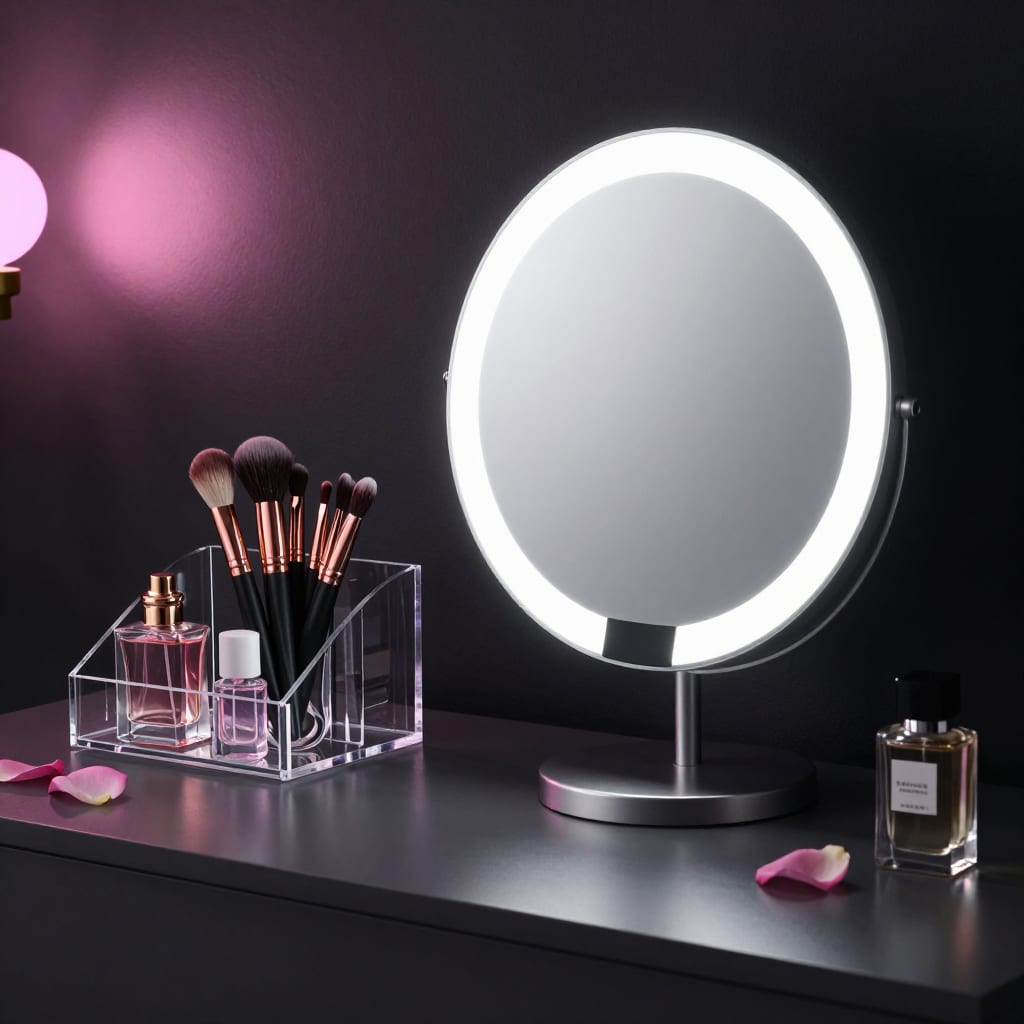 A dark vanity lit by a round mirror, with makeup brushes and a pink glow