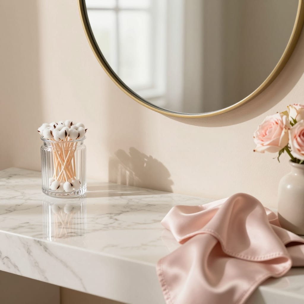 A cream marble vanity with a round mirror, a clear jar and pale pink roses