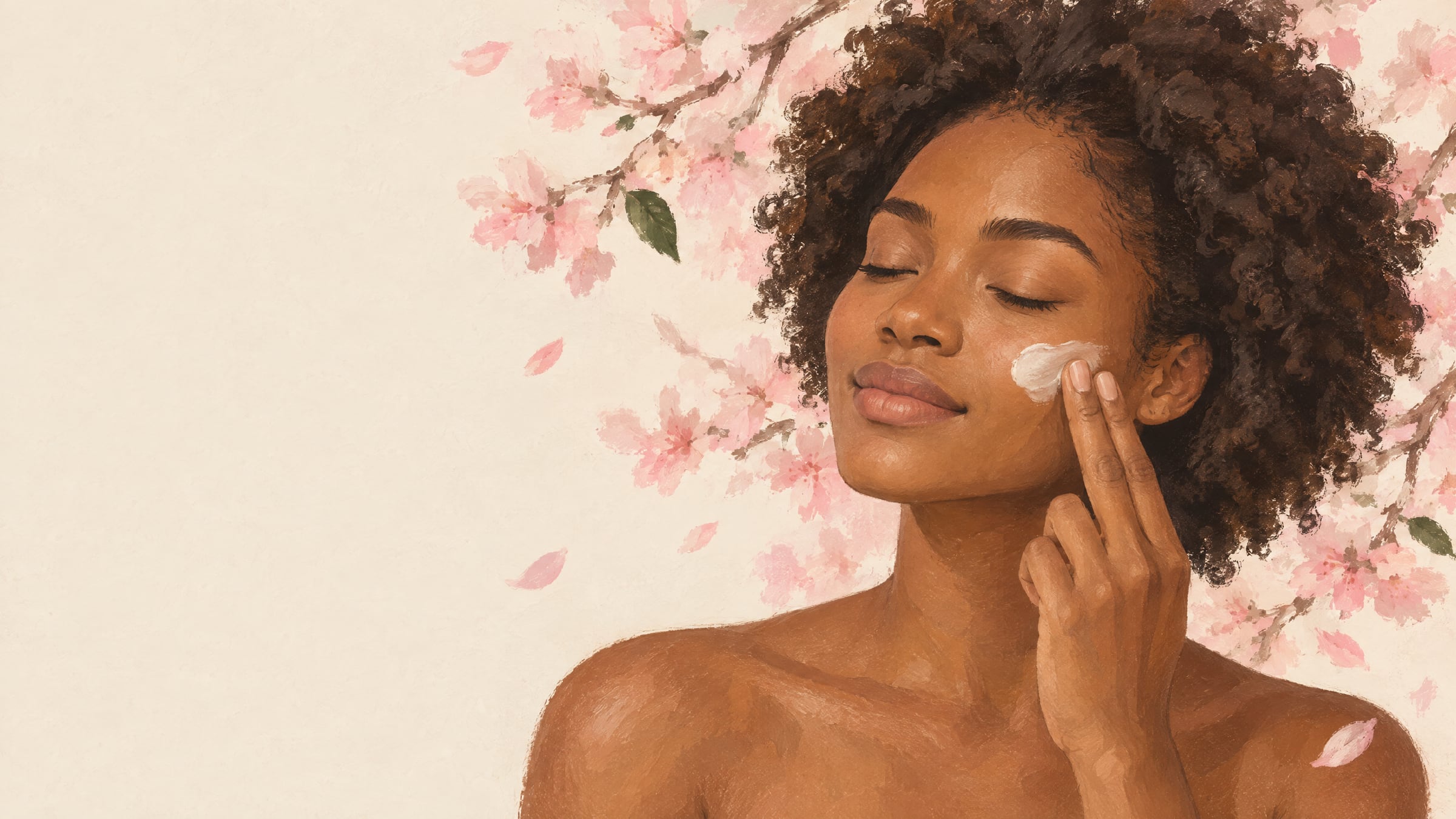 A woman with her eyes closed pressing cream onto her cheek, pink blossom behind her. Painted, not photographed.