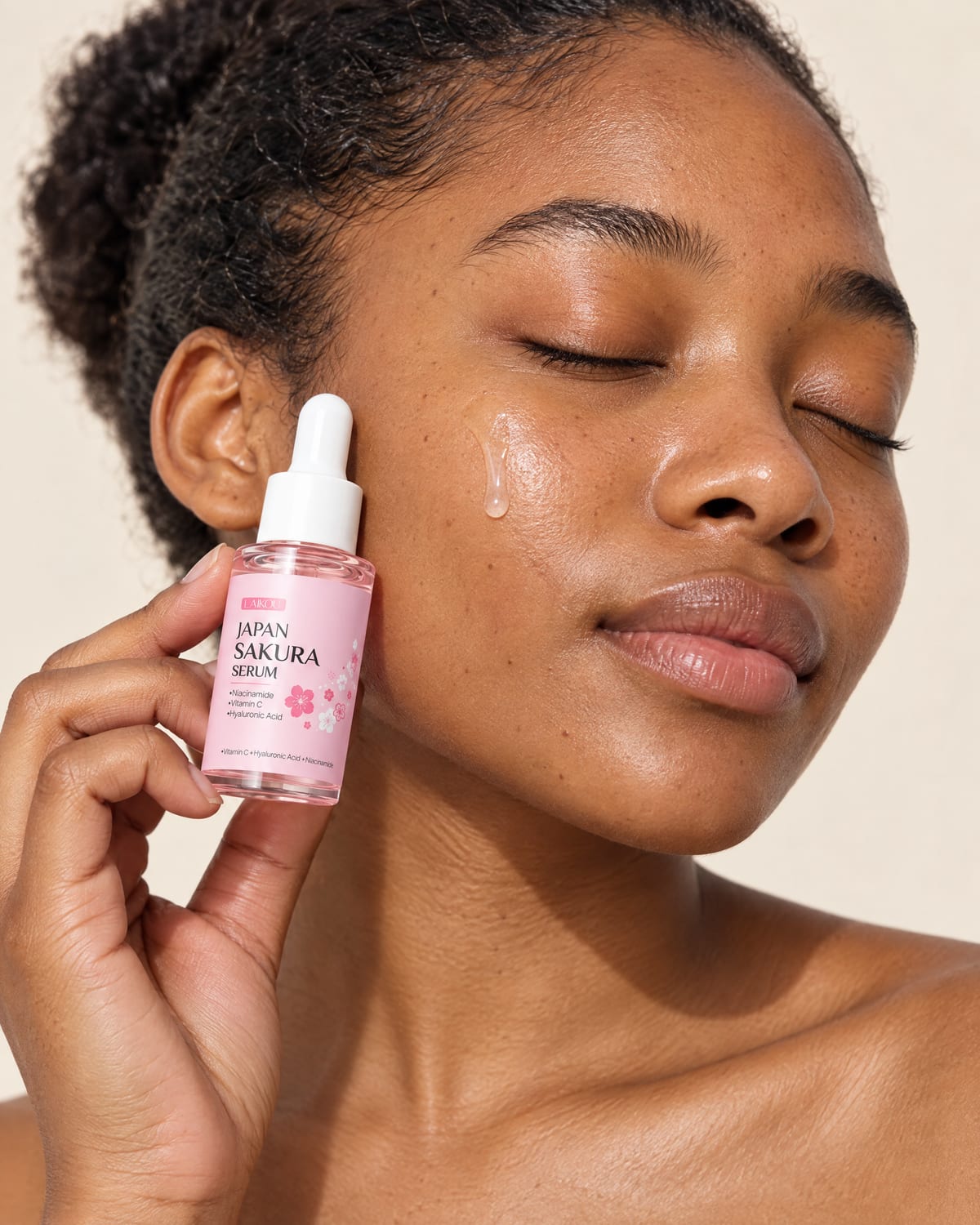 A single drop of serum resting on a cheek, in soft daylight