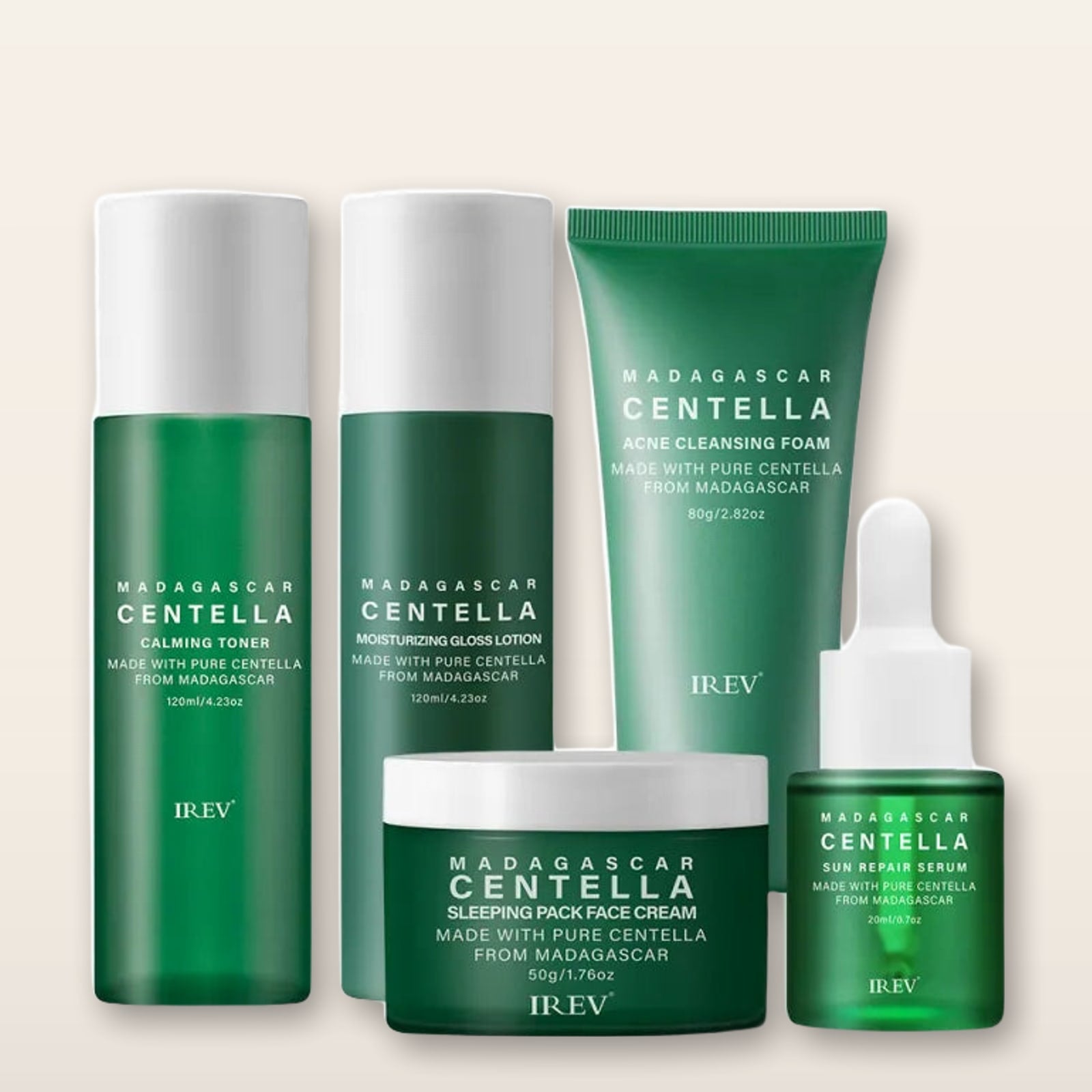 Centella Five-Piece Skincare Set on a warm cream stone surface